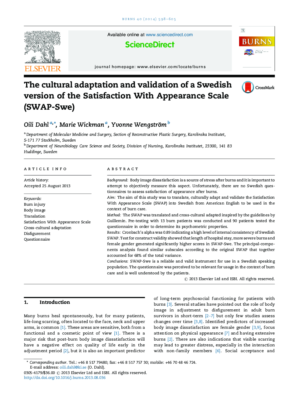 The cultural adaptation and validation of a Swedish version of the Satisfaction With Appearance Scale (SWAP-Swe)