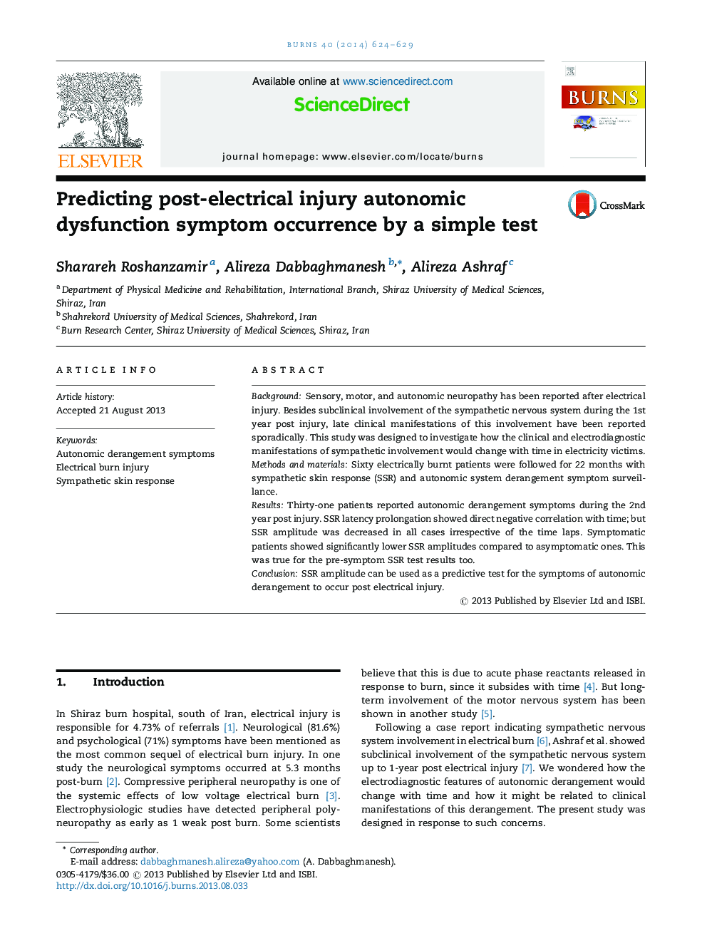 Predicting post-electrical injury autonomic dysfunction symptom occurrence by a simple test