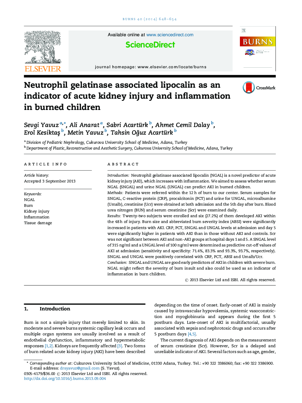 Neutrophil gelatinase associated lipocalin as an indicator of acute kidney injury and inflammation in burned children