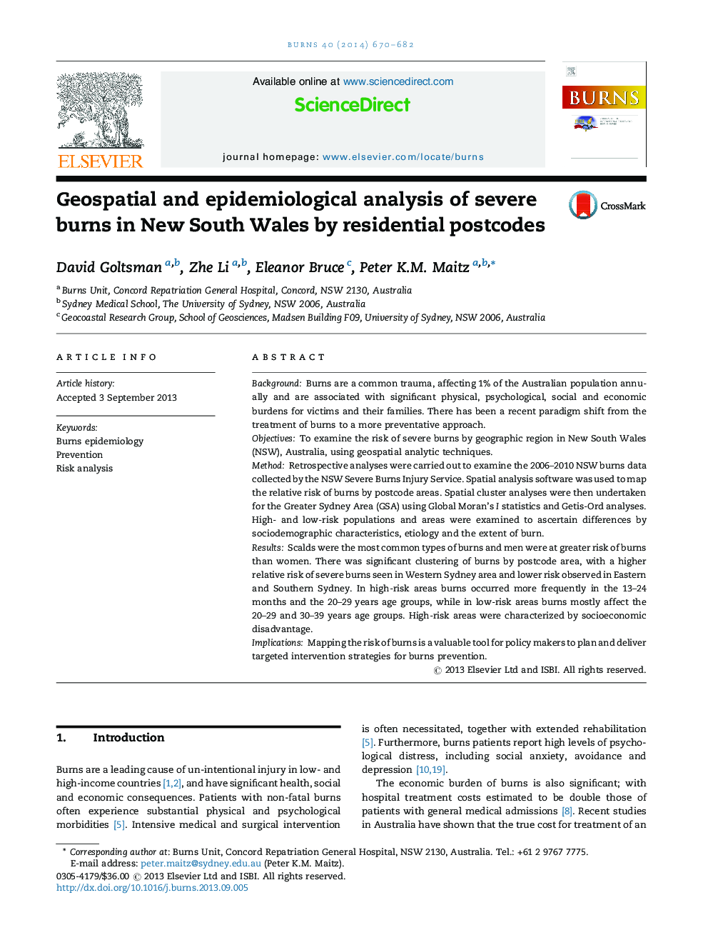 Geospatial and epidemiological analysis of severe burns in New South Wales by residential postcodes