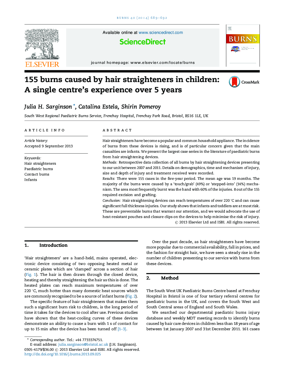 155 burns caused by hair straighteners in children: A single centre's experience over 5 years