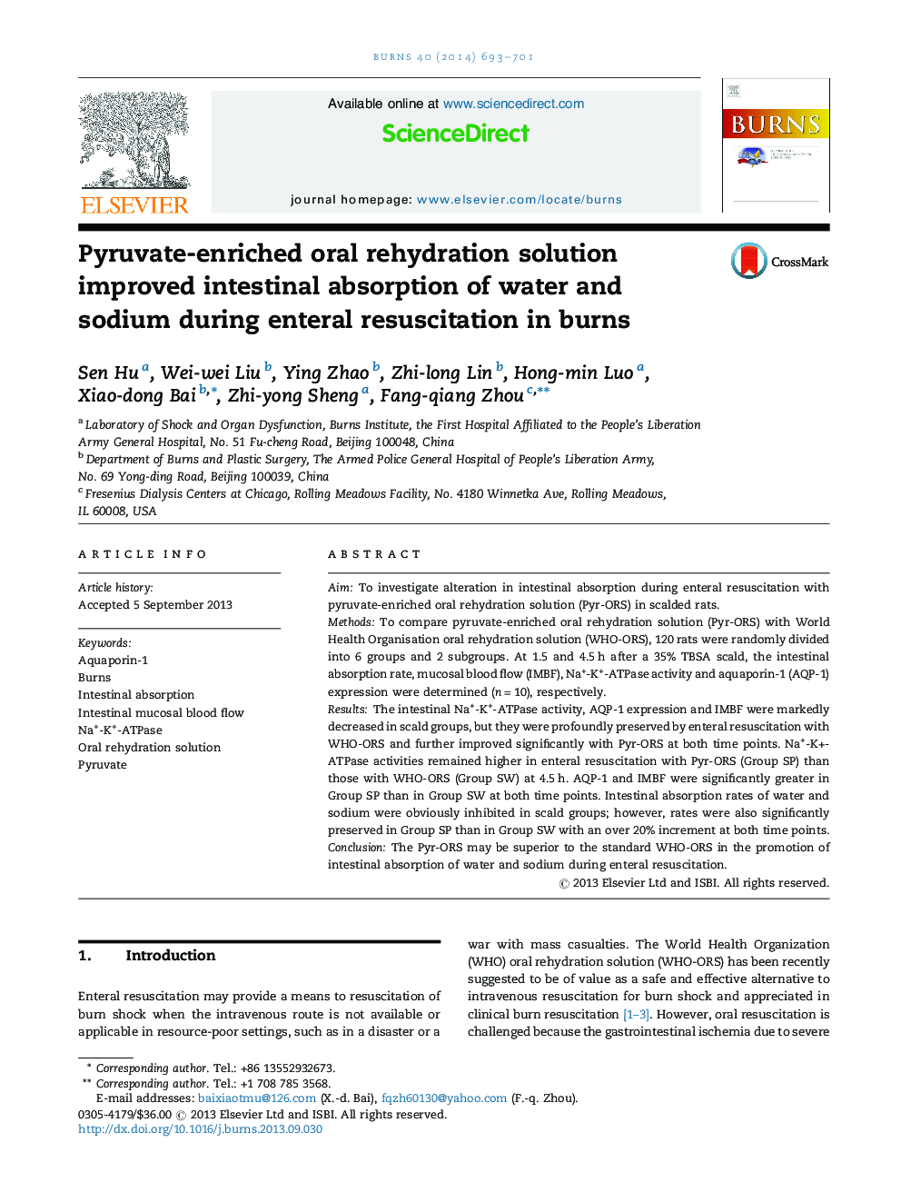 Pyruvate-enriched oral rehydration solution improved intestinal absorption of water and sodium during enteral resuscitation in burns