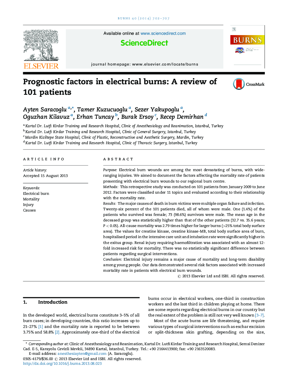 Prognostic factors in electrical burns: A review of 101 patients