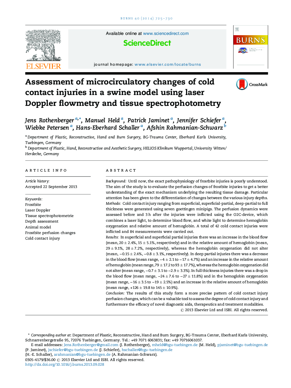 Assessment of microcirculatory changes of cold contact injuries in a swine model using laser Doppler flowmetry and tissue spectrophotometry