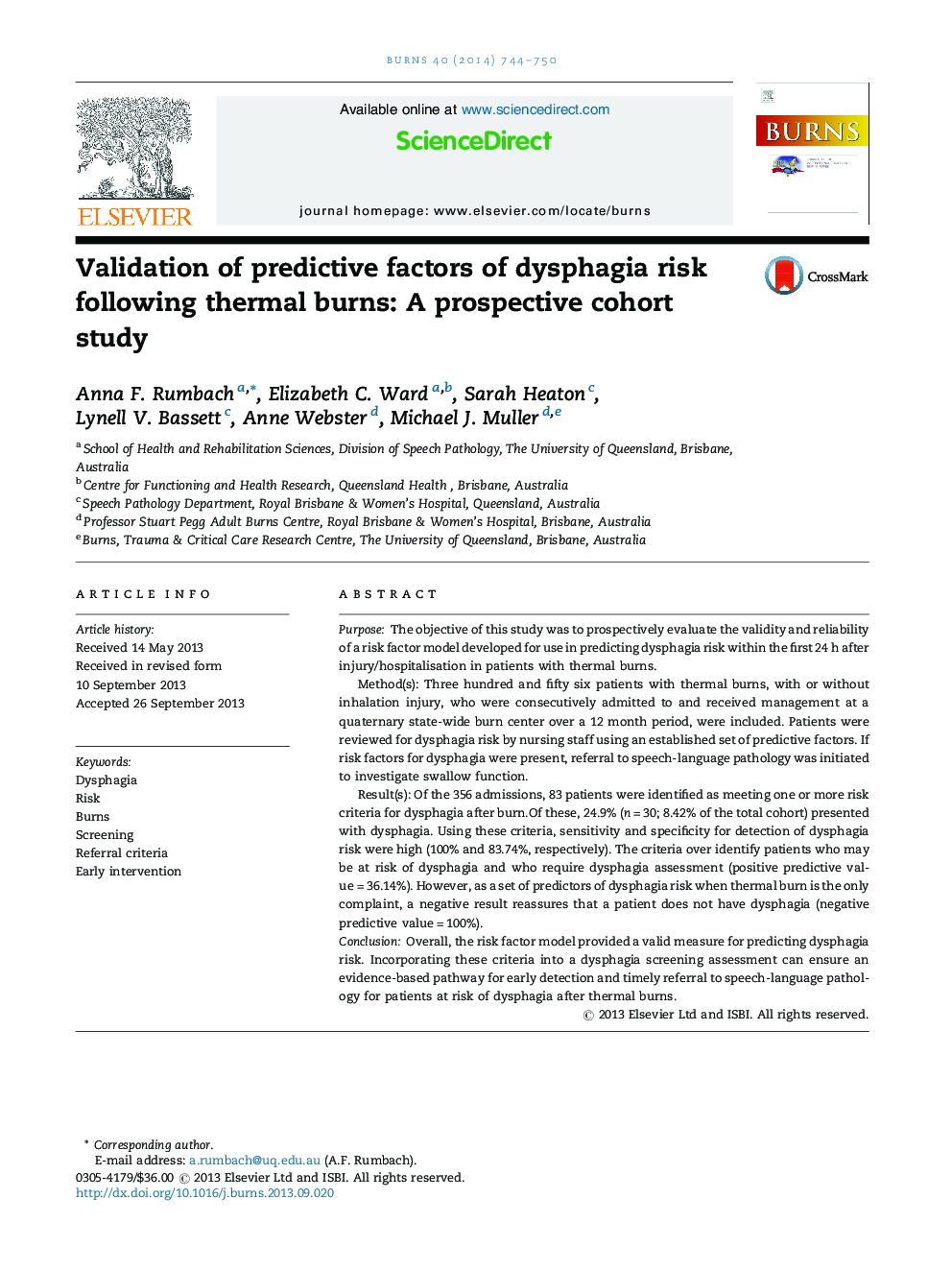 Validation of predictive factors of dysphagia risk following thermal burns: A prospective cohort study