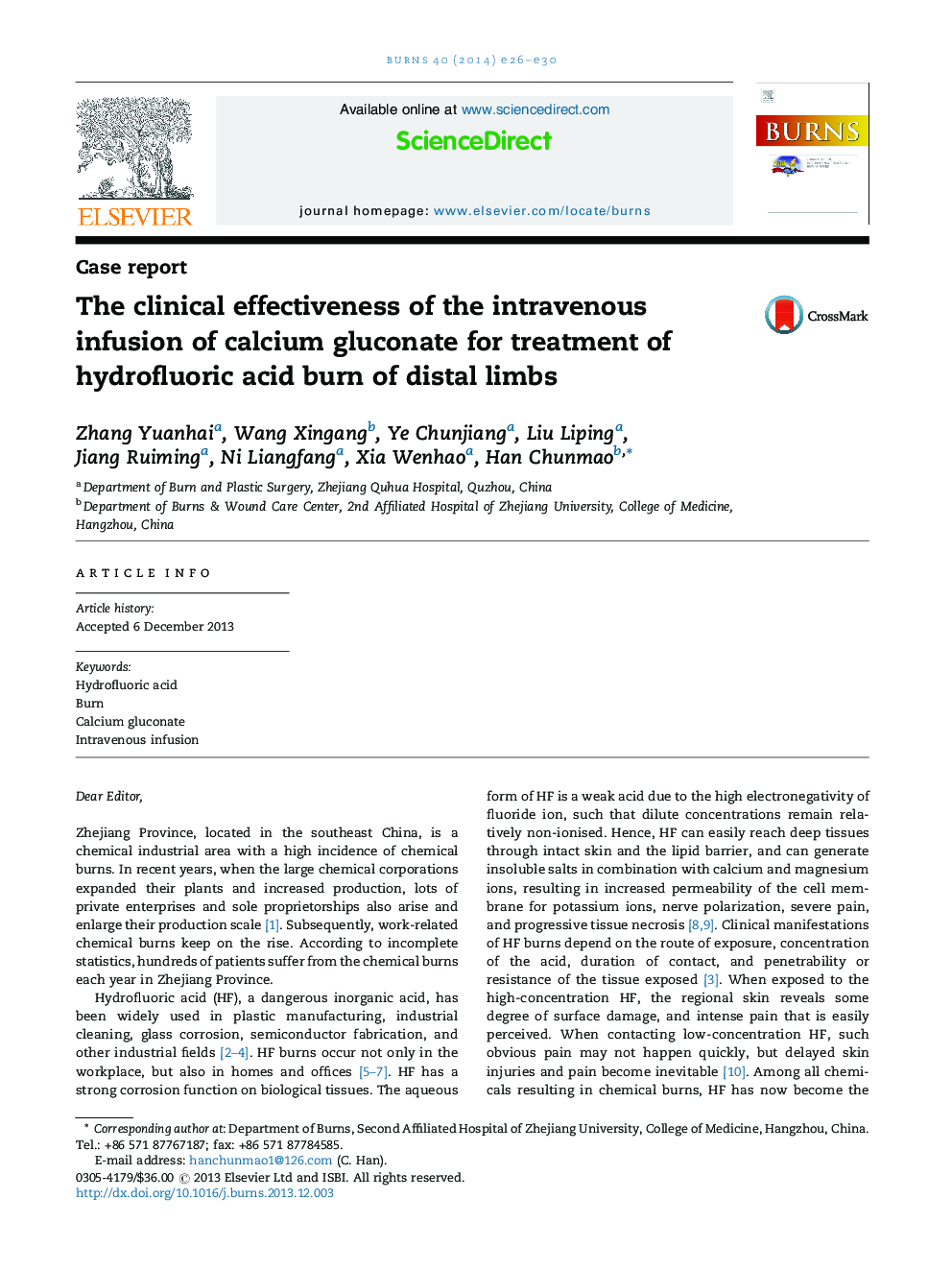 The clinical effectiveness of the intravenous infusion of calcium gluconate for treatment of hydrofluoric acid burn of distal limbs