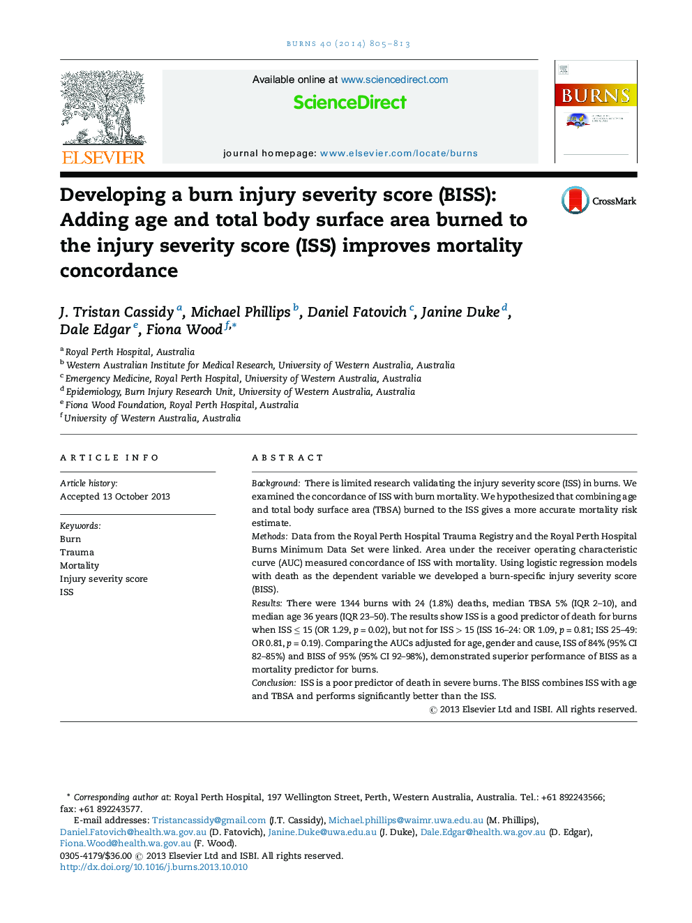 Developing a burn injury severity score (BISS): Adding age and total body surface area burned to the injury severity score (ISS) improves mortality concordance