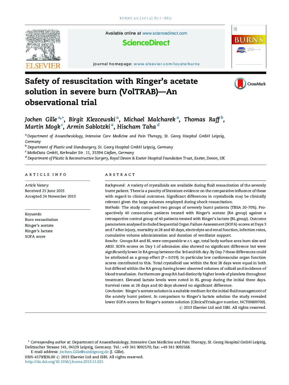 Safety of resuscitation with Ringer's acetate solution in severe burn (VolTRAB)—An observational trial