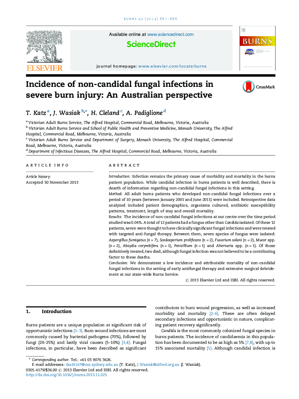 Incidence of non-candidal fungal infections in severe burn injury: An Australian perspective