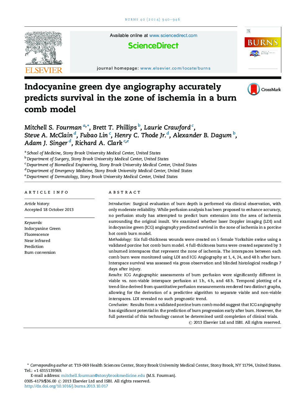 عکس صفحه اول مقاله: Indocyanine green dye angiography accurately predicts survival in the zone of ischemia in a burn comb model Indocyanine green dye angiography accurately predicts survival in the zone of ischemia in a burn comb model