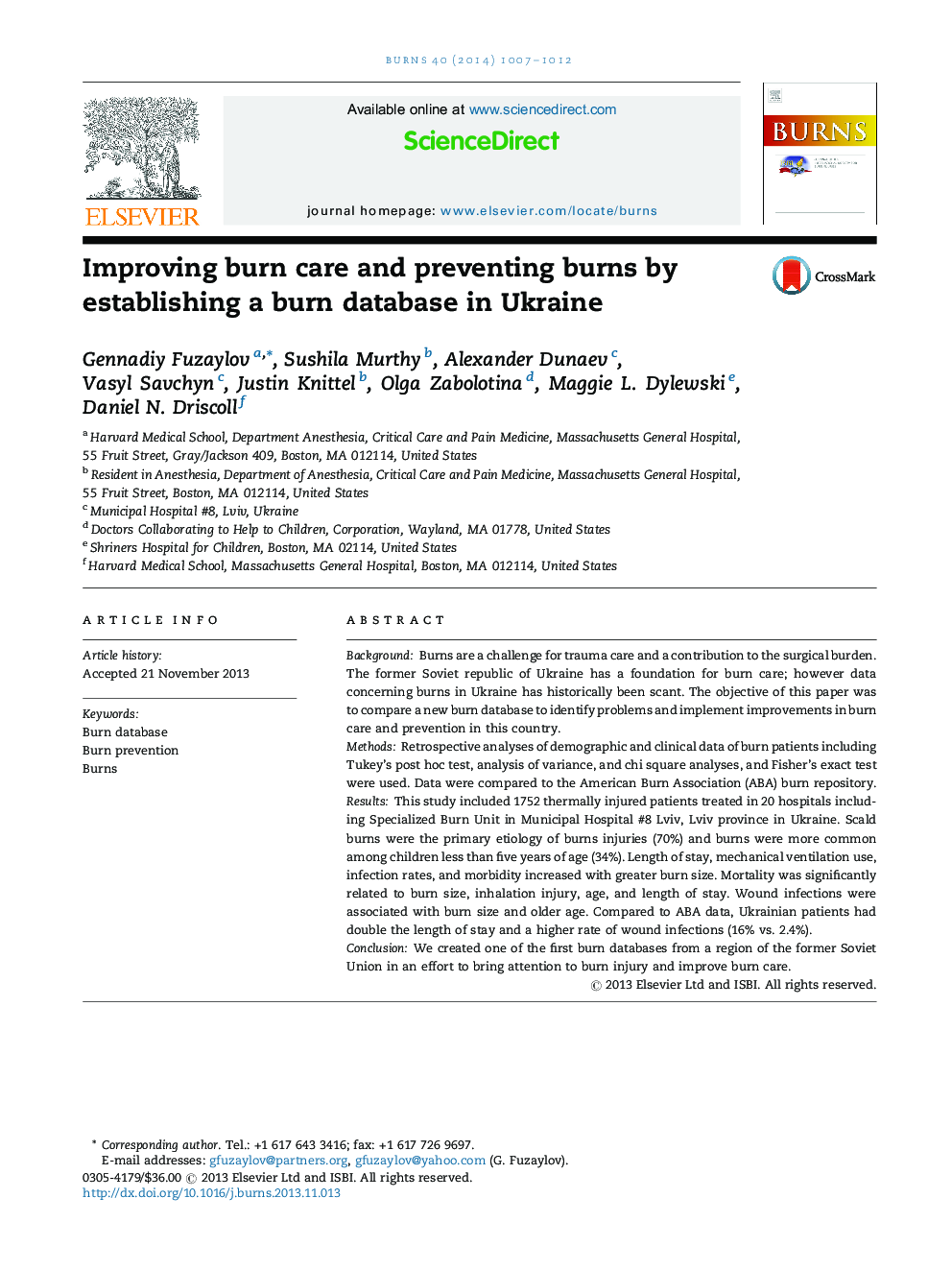 Improving burn care and preventing burns by establishing a burn database in Ukraine