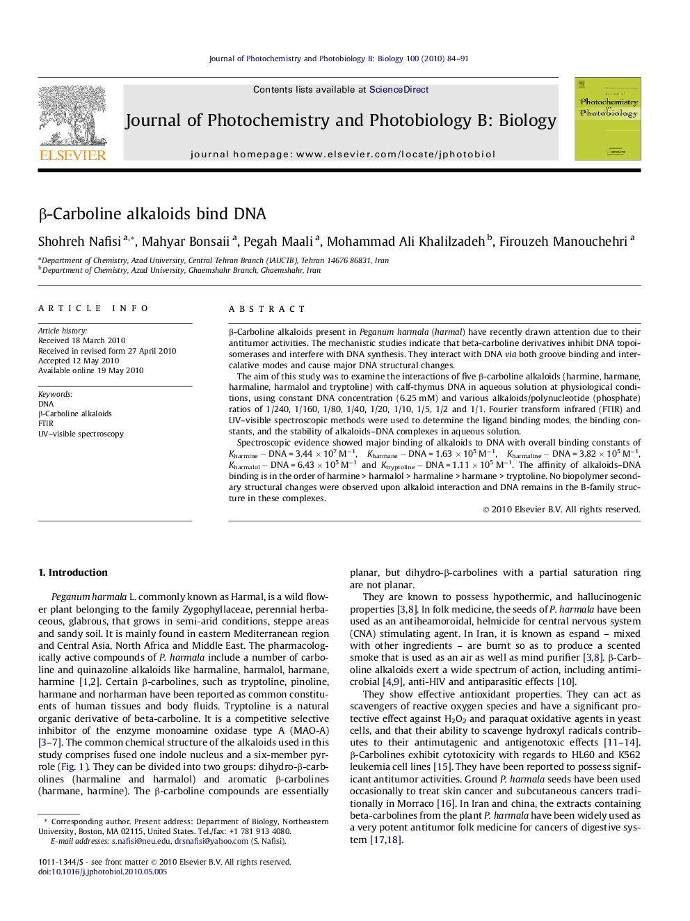 β-Carboline alkaloids bind DNA