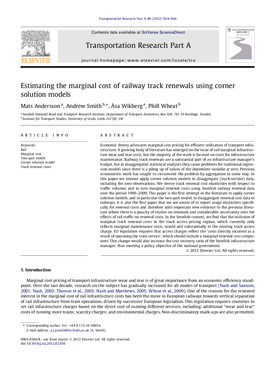 Estimating the marginal cost of railway track renewals using corner solution models