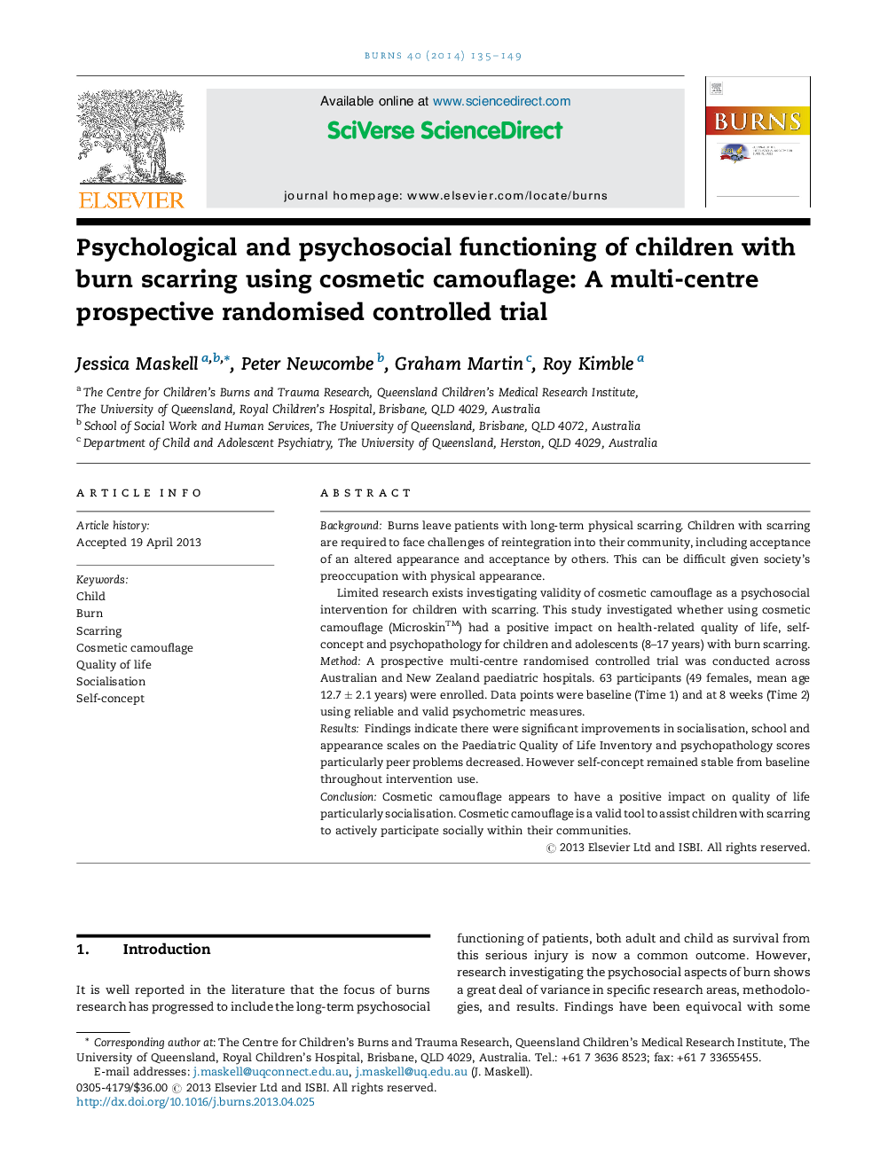 Psychological and psychosocial functioning of children with burn scarring using cosmetic camouflage: A multi-centre prospective randomised controlled trial