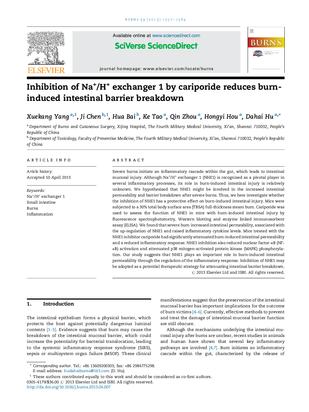 عکس صفحه اول مقاله: Inhibition of Na+/H+ exchanger 1 by cariporide reduces burn-induced intestinal barrier breakdown Inhibition of Na+/H+ exchanger 1 by cariporide reduces burn-induced intestinal barrier breakdown