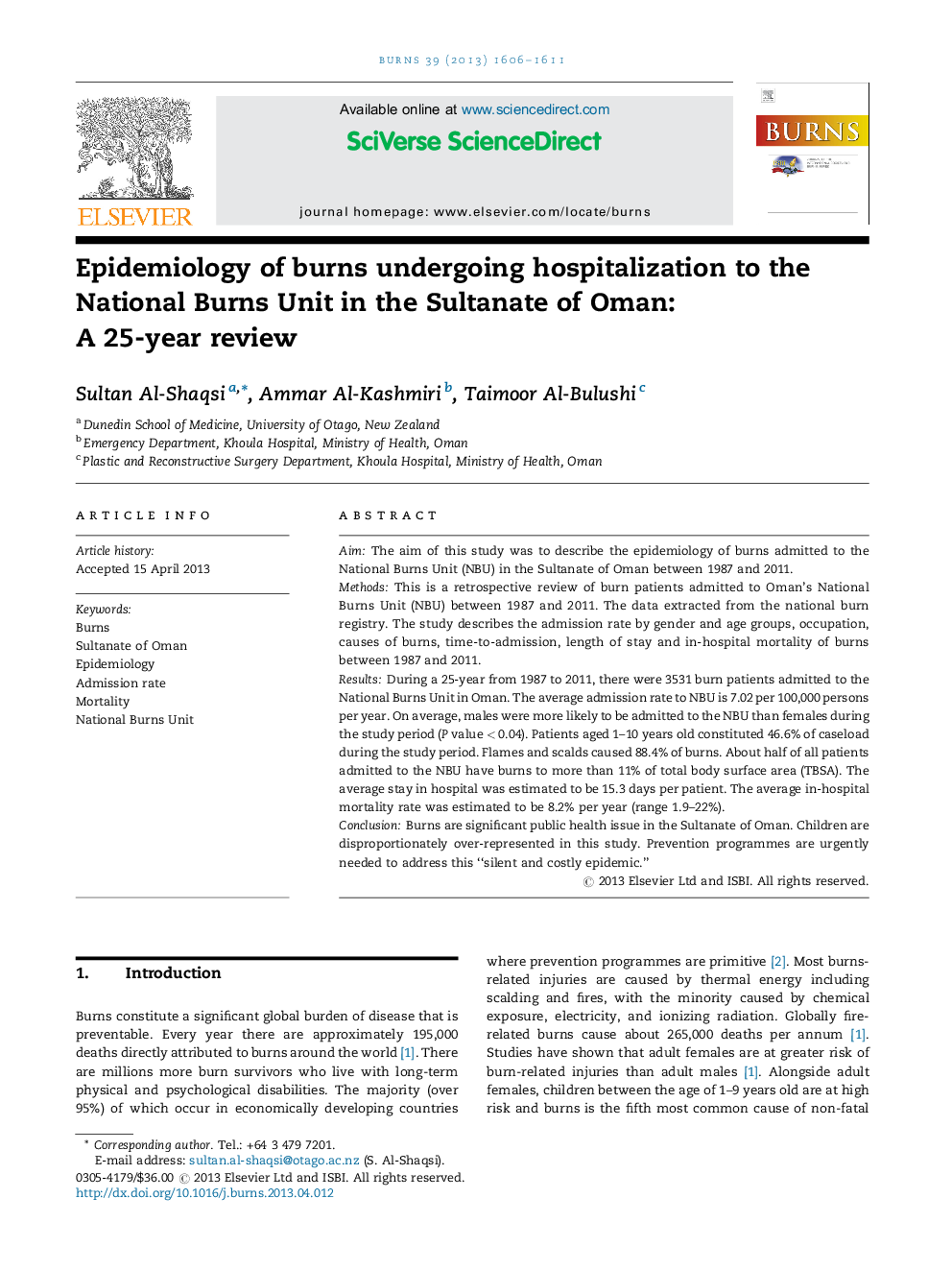 Epidemiology of burns undergoing hospitalization to the National Burns Unit in the Sultanate of Oman: A 25-year review