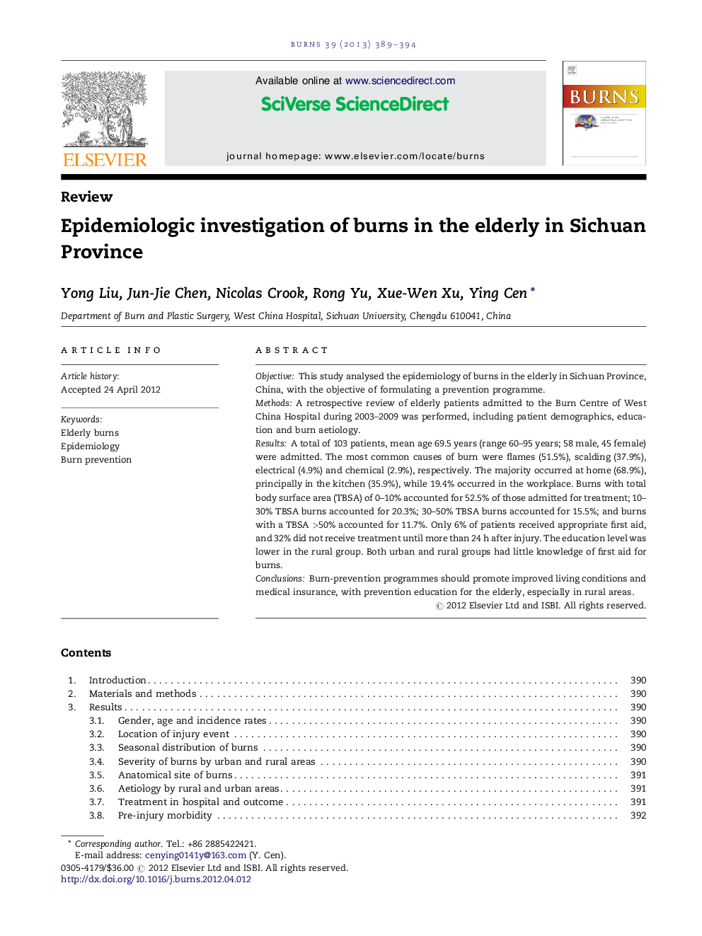 Epidemiologic investigation of burns in the elderly in Sichuan Province