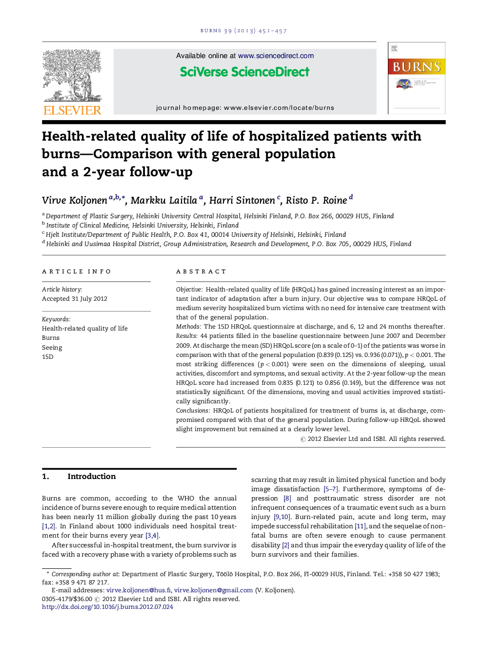 Health-related quality of life of hospitalized patients with burns—Comparison with general population and a 2-year follow-up