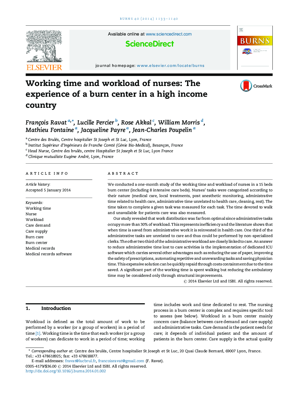 زمان کار و حجم کاری پرستاران: تجربه مرکز سوختگی در یک کشور با درآمد بالا 
