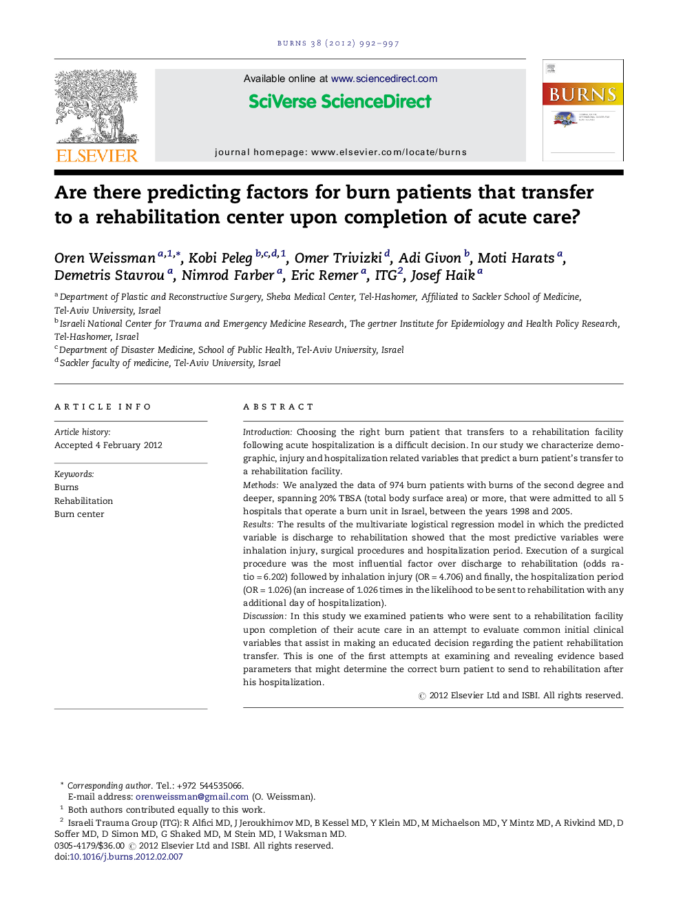 Are there predicting factors for burn patients that transfer to a rehabilitation center upon completion of acute care?