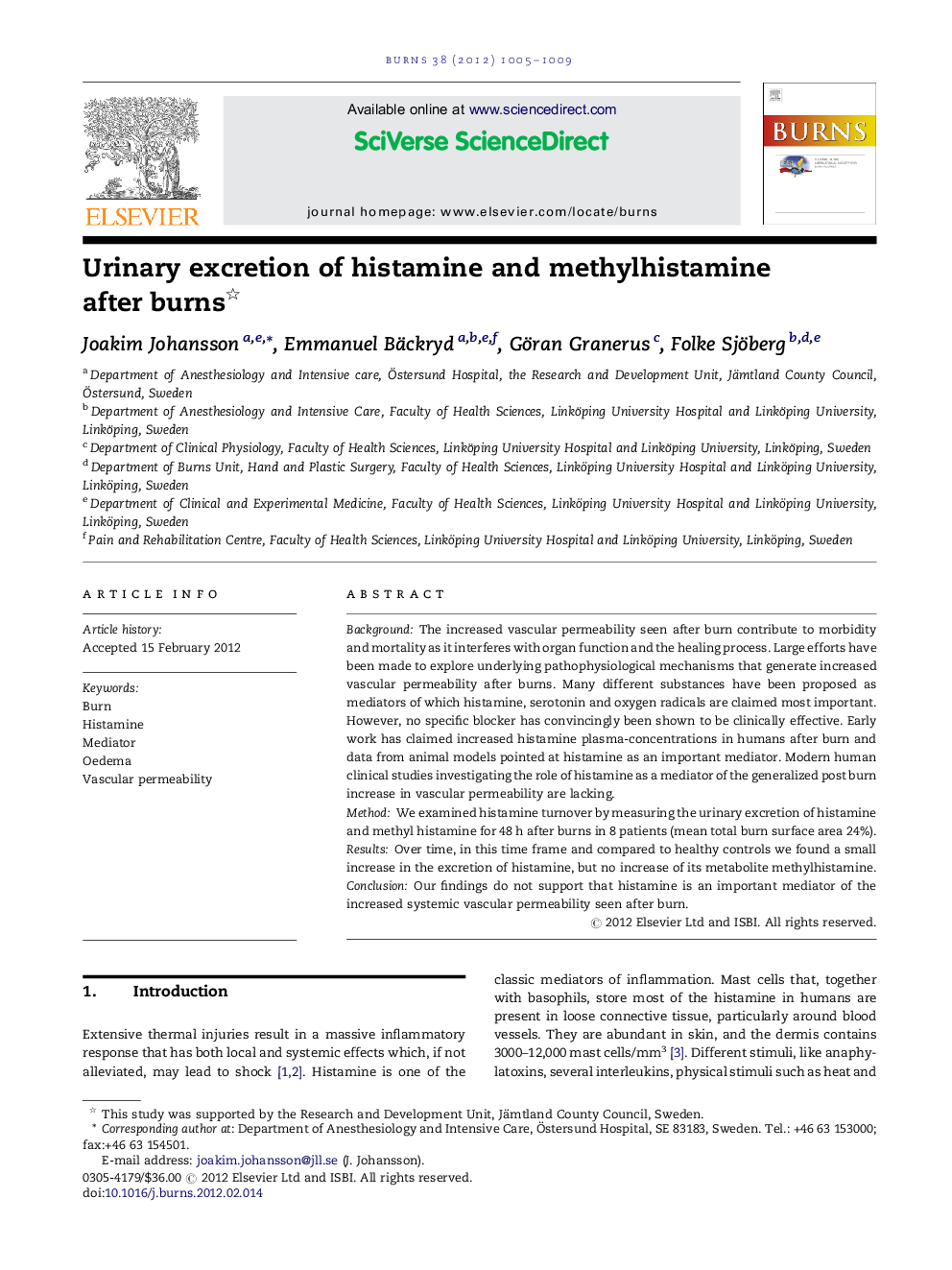 Urinary excretion of histamine and methylhistamine after burns 