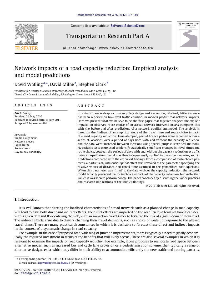 Network impacts of a road capacity reduction: Empirical analysis and model predictions