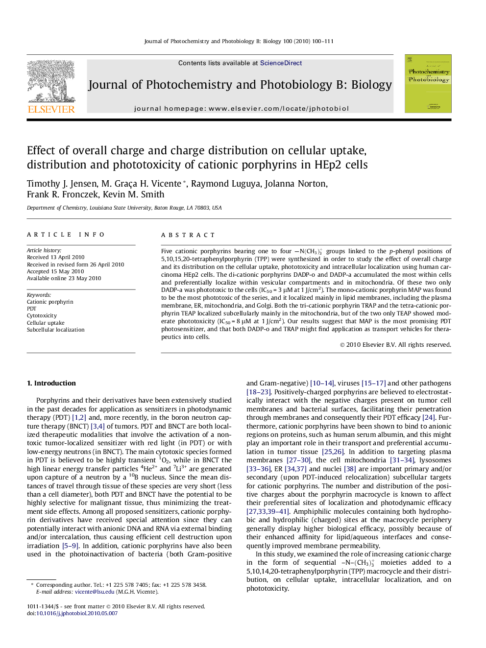 Effect of overall charge and charge distribution on cellular uptake, distribution and phototoxicity of cationic porphyrins in HEp2 cells