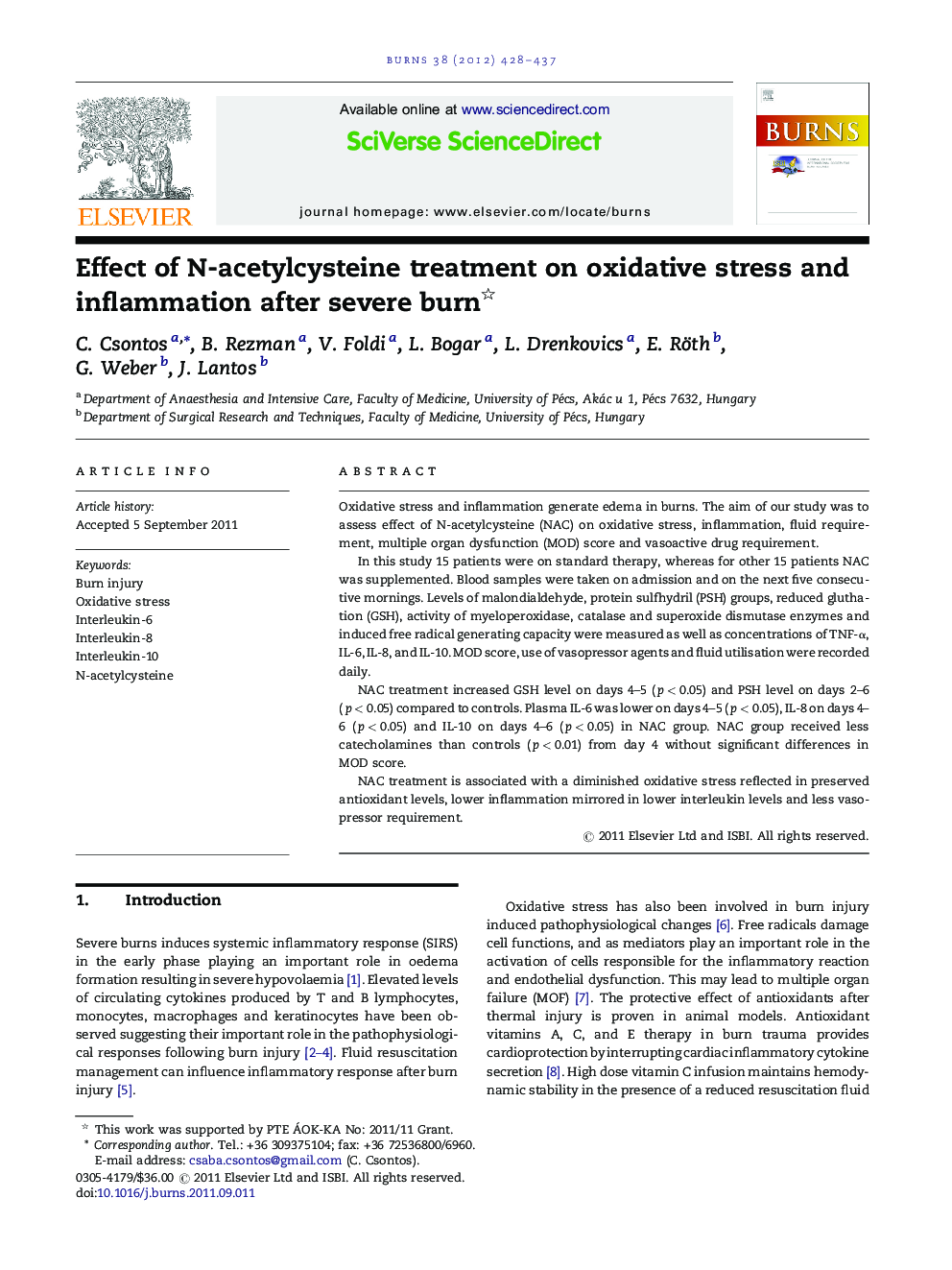 Effect of N-acetylcysteine treatment on oxidative stress and inflammation after severe burn 