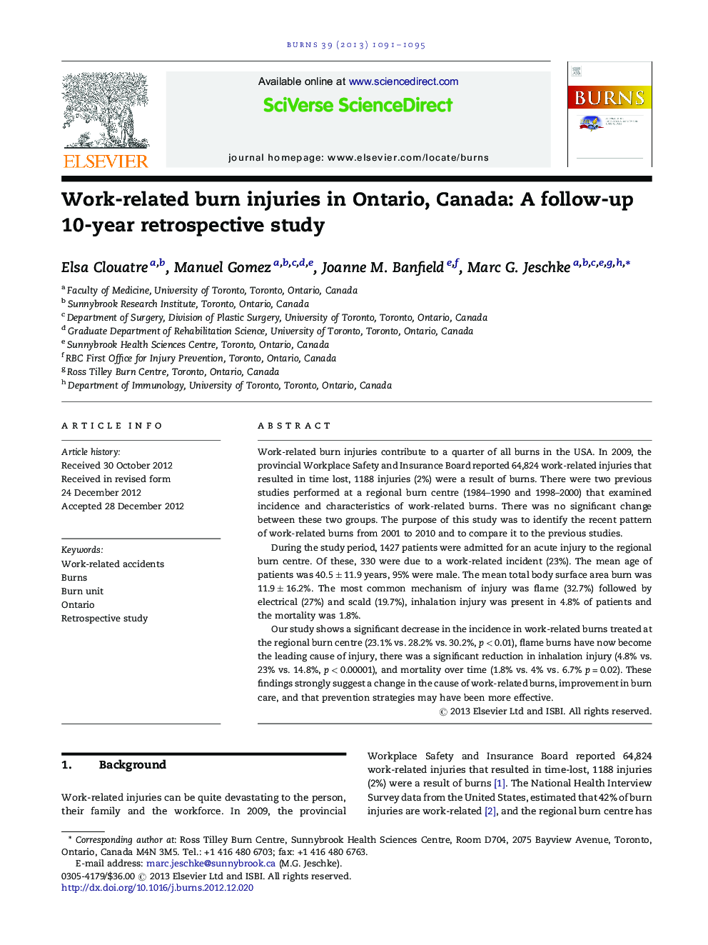 Work-related burn injuries in Ontario, Canada: A follow-up 10-year retrospective study