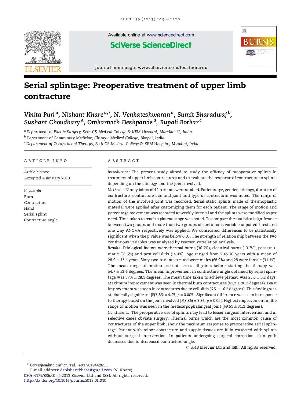 Serial splintage: Preoperative treatment of upper limb contracture