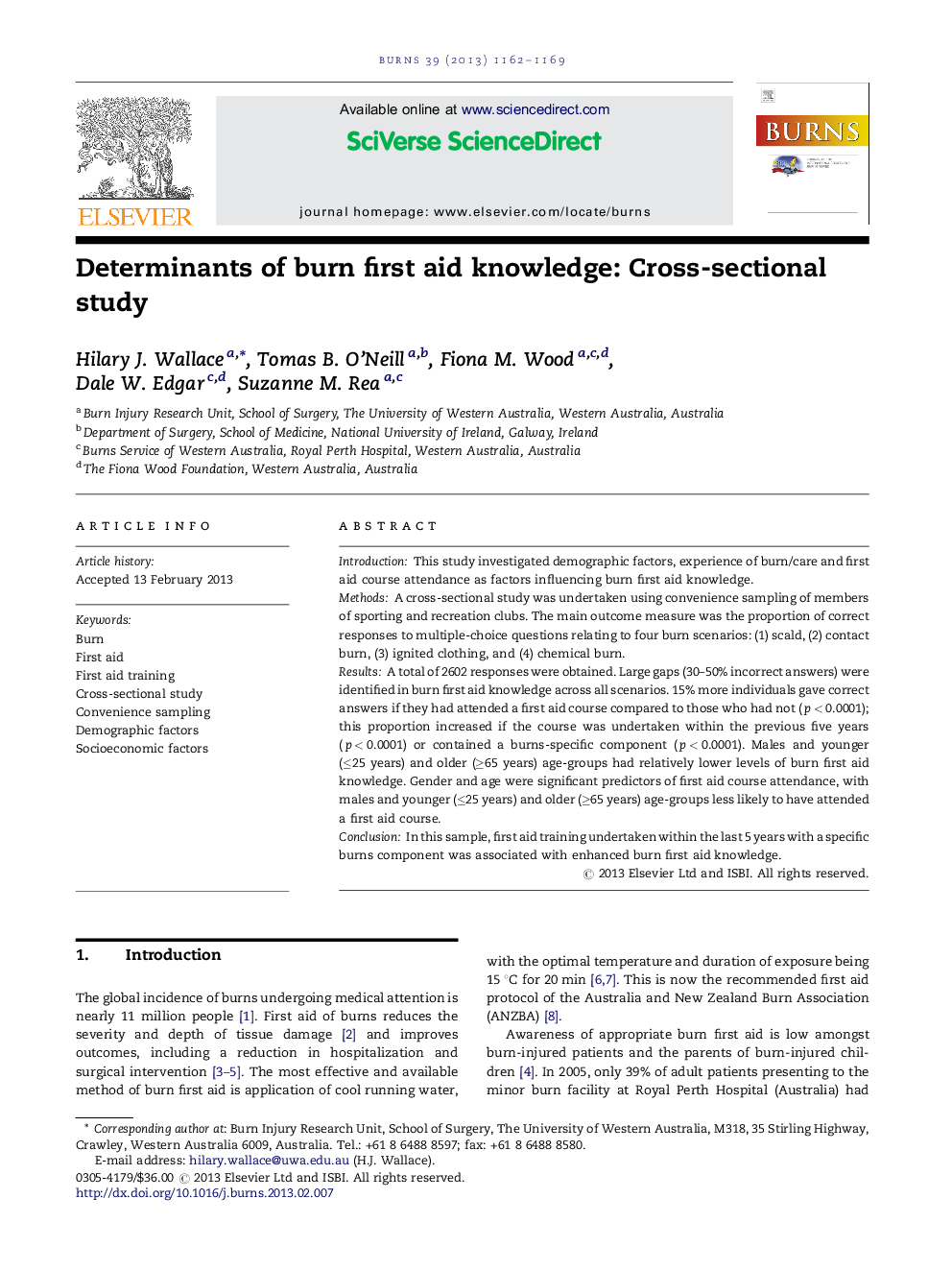 Determinants of burn first aid knowledge: Cross-sectional study