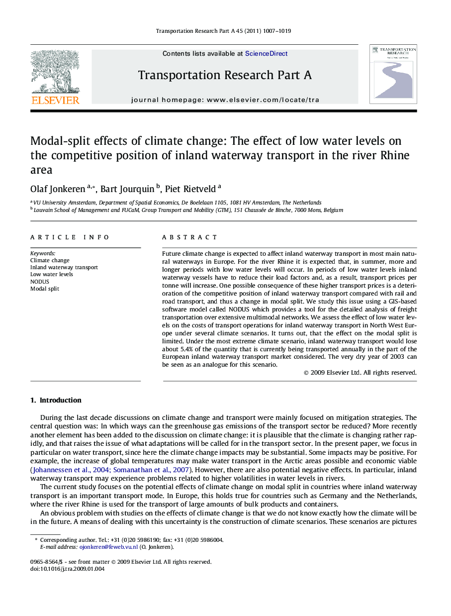 Modal-split effects of climate change: The effect of low water levels on the competitive position of inland waterway transport in the river Rhine area