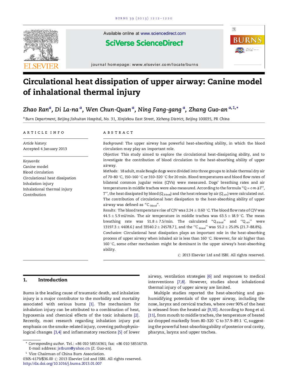 Circulational heat dissipation of upper airway: Canine model of inhalational thermal injury