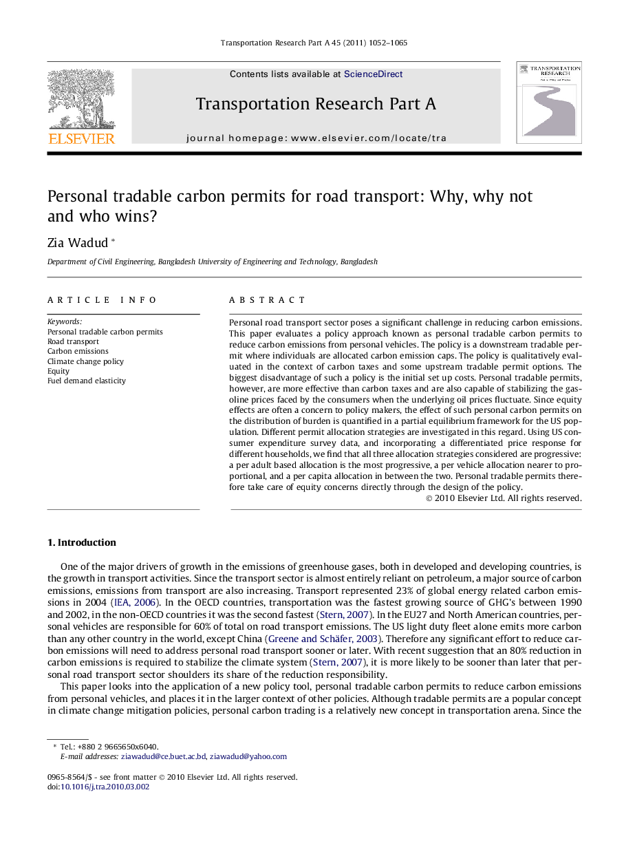 Personal tradable carbon permits for road transport: Why, why not and who wins?