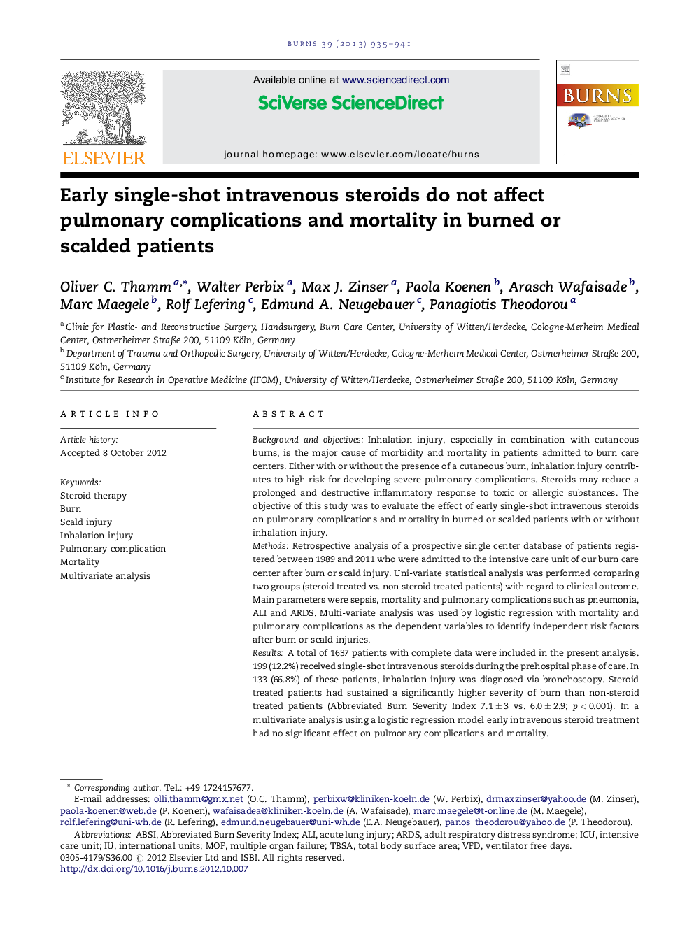 Early single-shot intravenous steroids do not affect pulmonary complications and mortality in burned or scalded patients