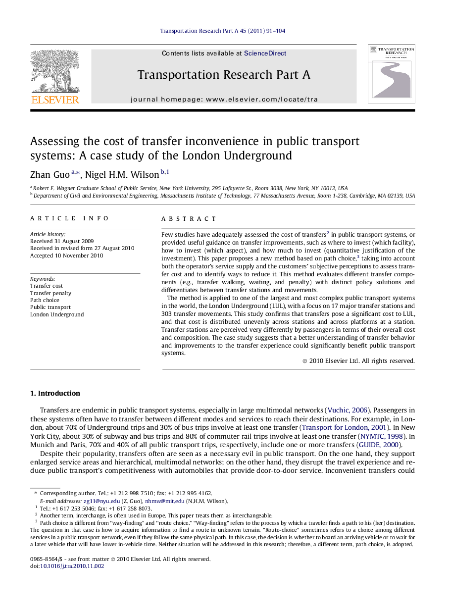 Assessing the cost of transfer inconvenience in public transport systems: A case study of the London Underground