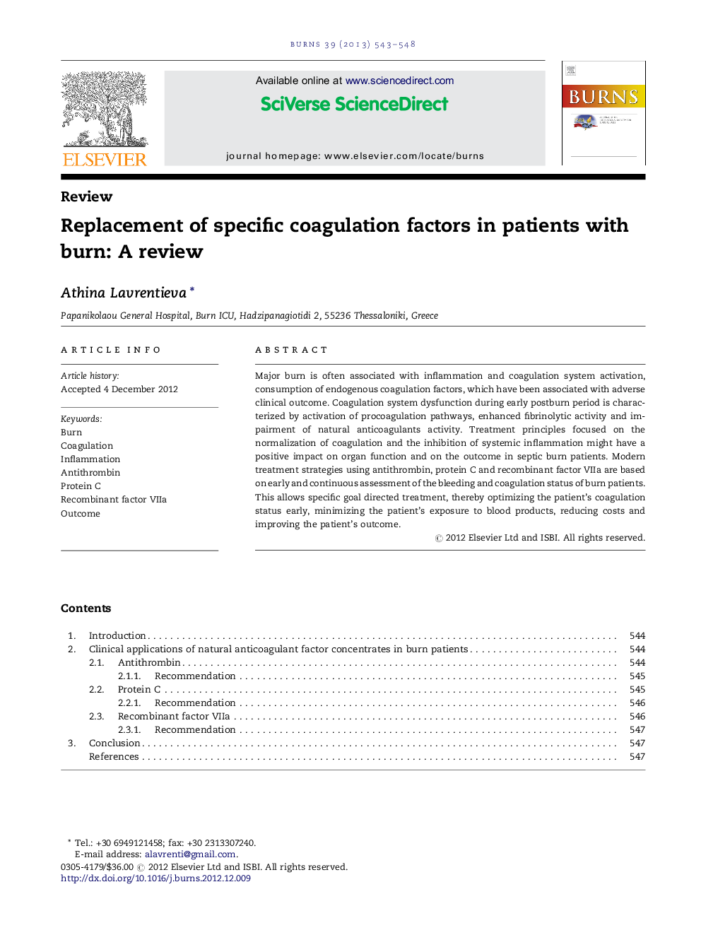 Replacement of specific coagulation factors in patients with burn: A review