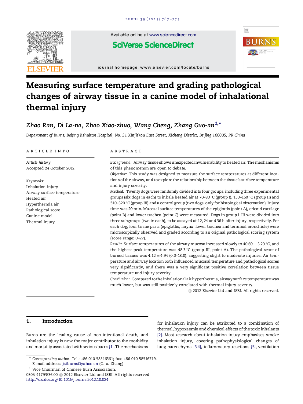 Measuring surface temperature and grading pathological changes of airway tissue in a canine model of inhalational thermal injury