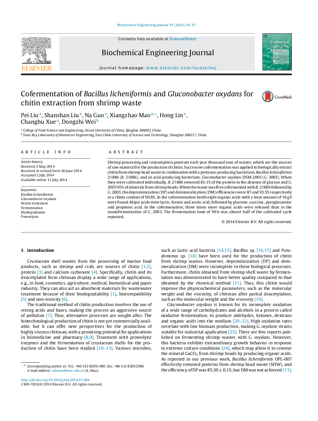 Cofermentation of Bacillus licheniformis and Gluconobacter oxydans for chitin extraction from shrimp waste