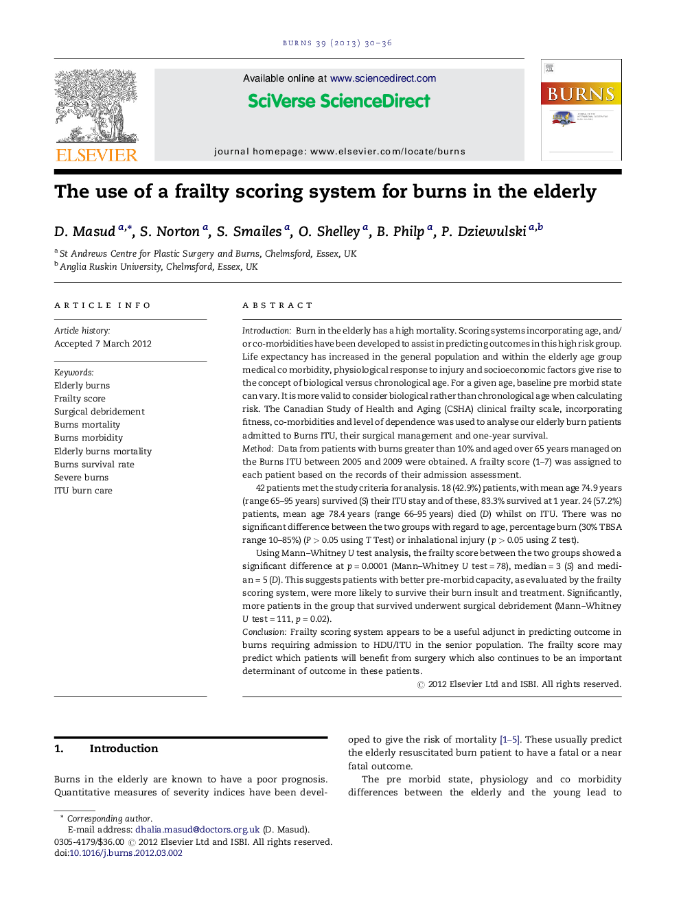 The use of a frailty scoring system for burns in the elderly