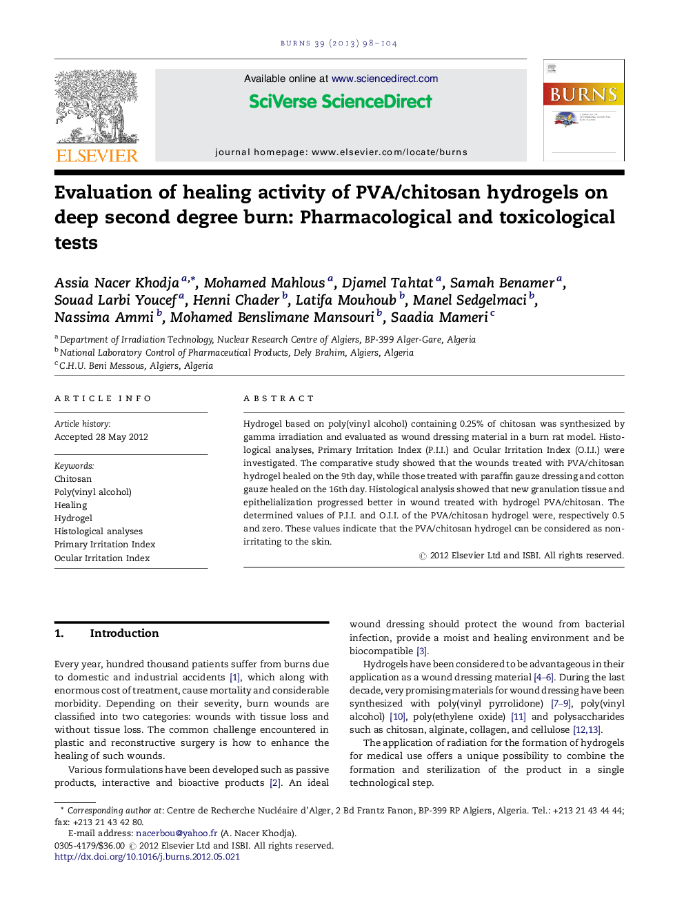 Evaluation of healing activity of PVA/chitosan hydrogels on deep second degree burn: Pharmacological and toxicological tests