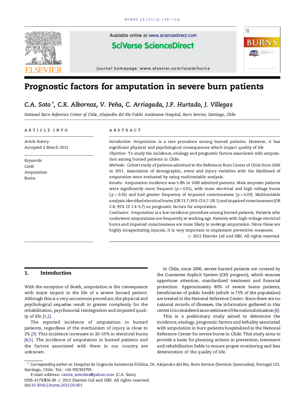 Prognostic factors for amputation in severe burn patients