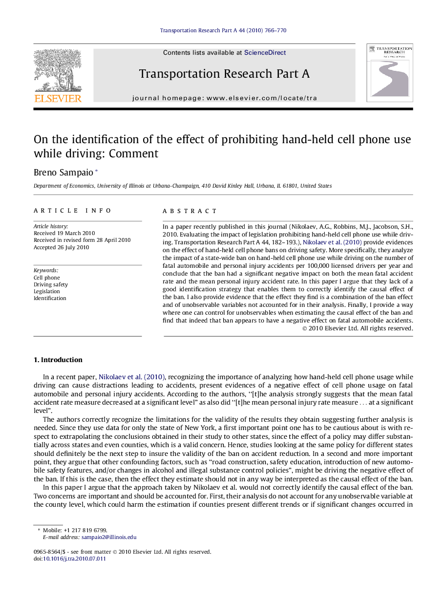 On the identification of the effect of prohibiting hand-held cell phone use while driving: Comment