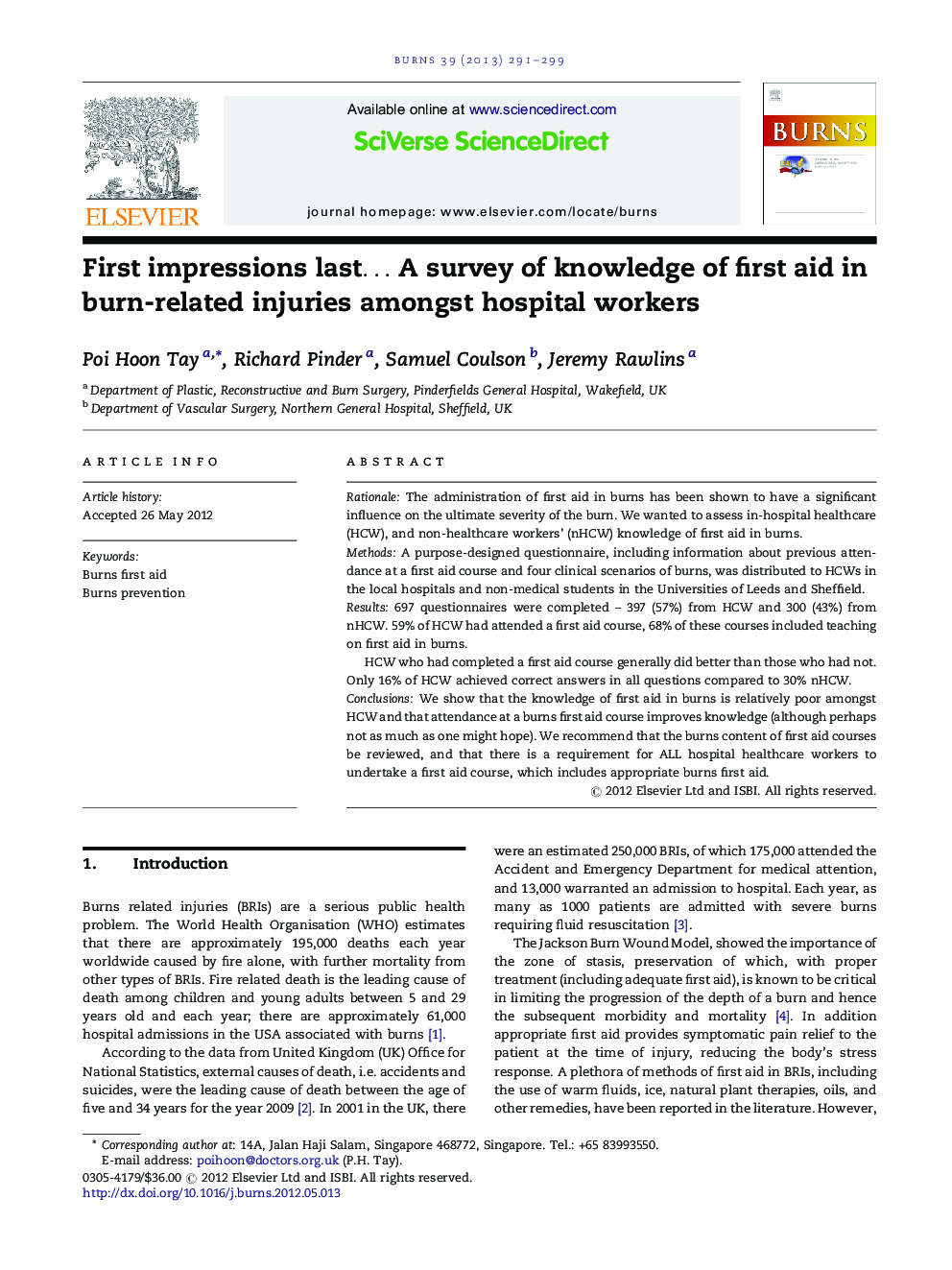 First impressions last… A survey of knowledge of first aid in burn-related injuries amongst hospital workers