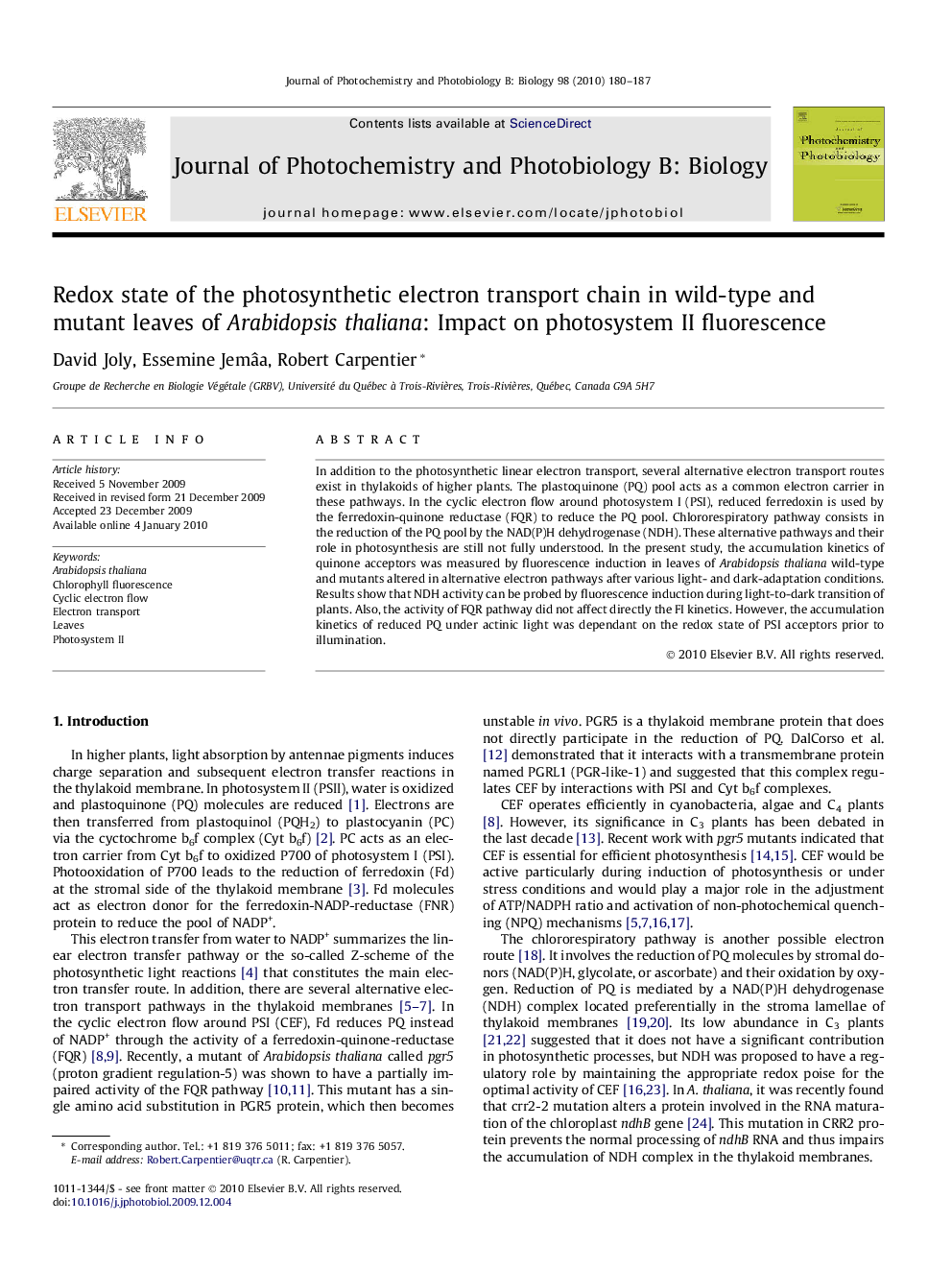 Redox state of the photosynthetic electron transport chain in wild-type and mutant leaves of Arabidopsis thaliana: Impact on photosystem II fluorescence