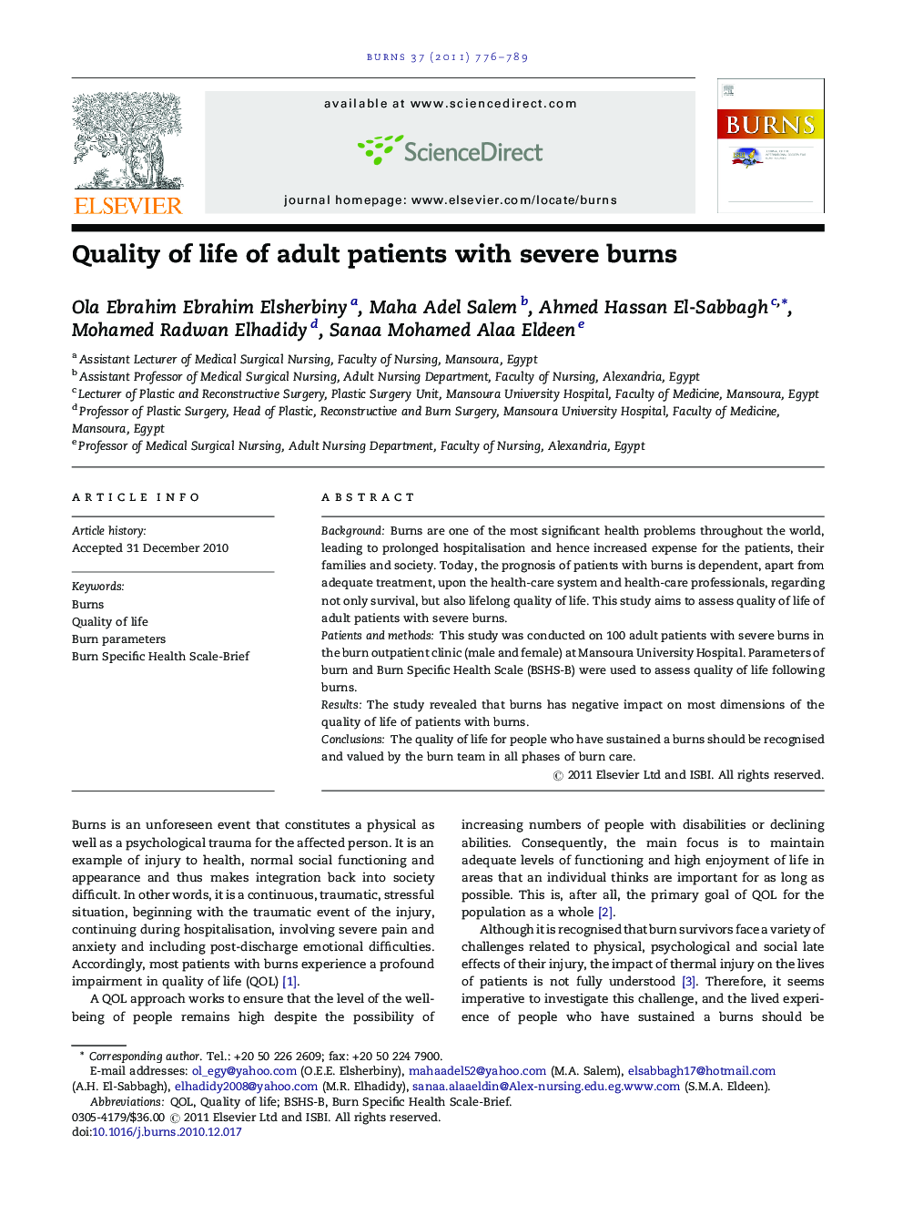 Quality of life of adult patients with severe burns