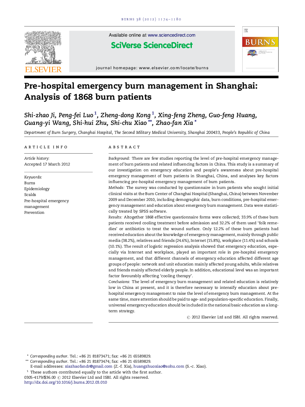 Pre-hospital emergency burn management in Shanghai: Analysis of 1868 burn patients