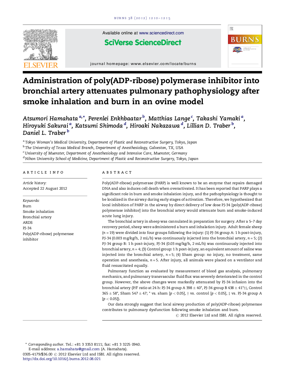 Administration of poly(ADP-ribose) polymerase inhibitor into bronchial artery attenuates pulmonary pathophysiology after smoke inhalation and burn in an ovine model