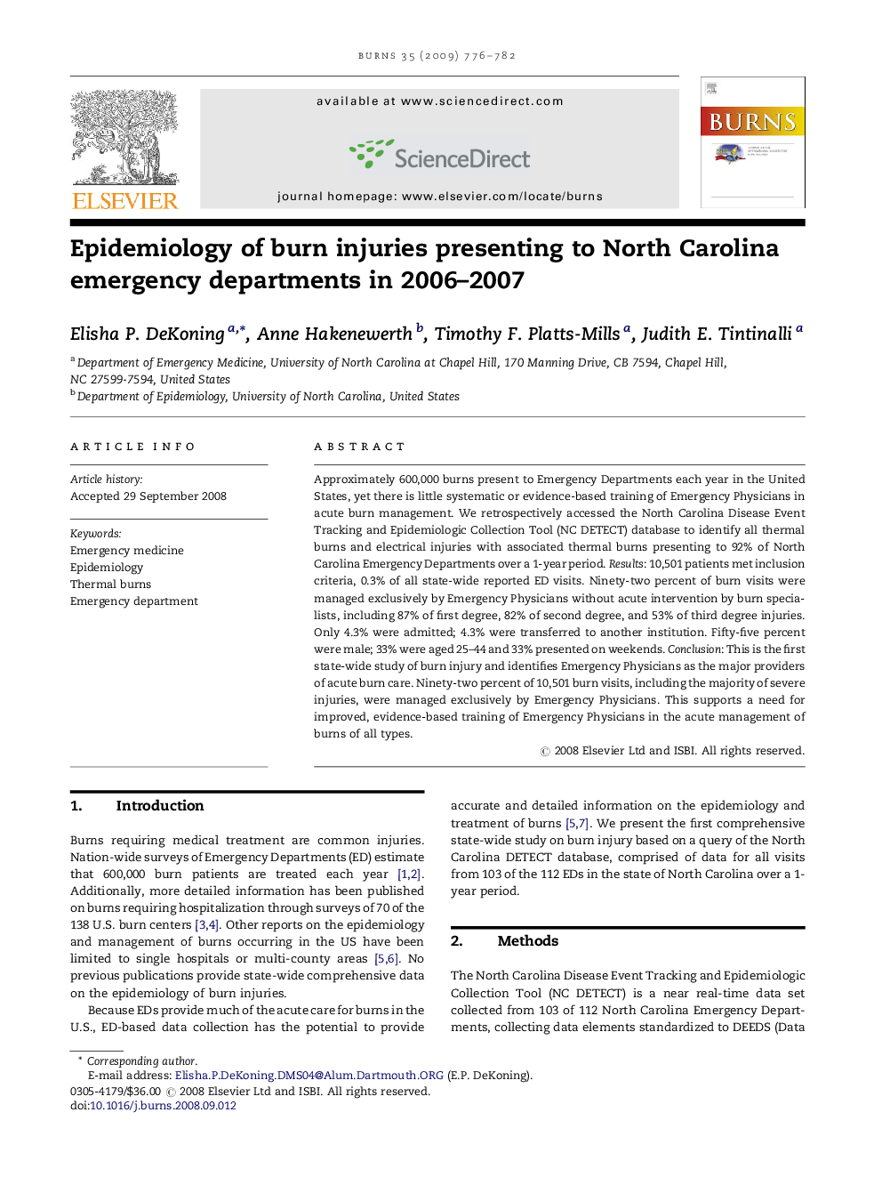 Epidemiology of burn injuries presenting to North Carolina emergency departments in 2006–2007