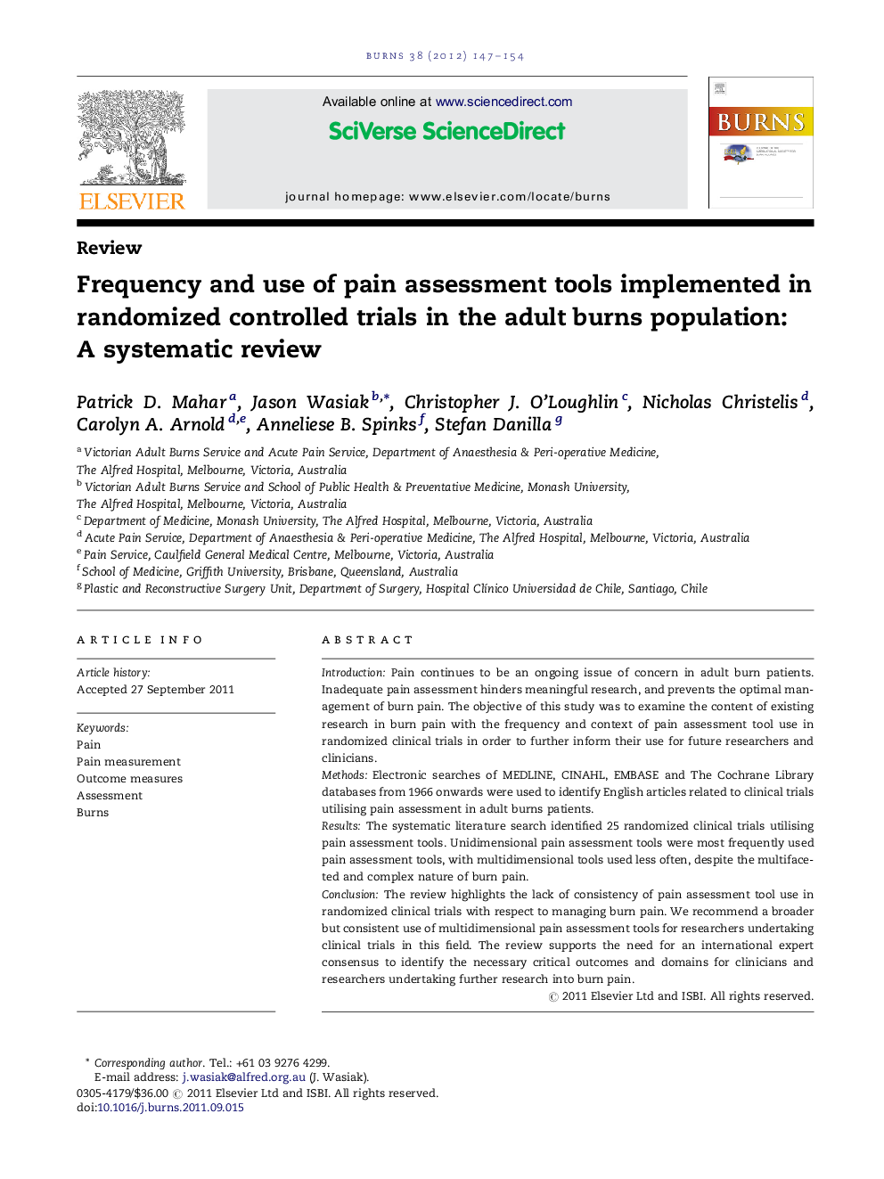 Frequency and use of pain assessment tools implemented in randomized controlled trials in the adult burns population: A systematic review